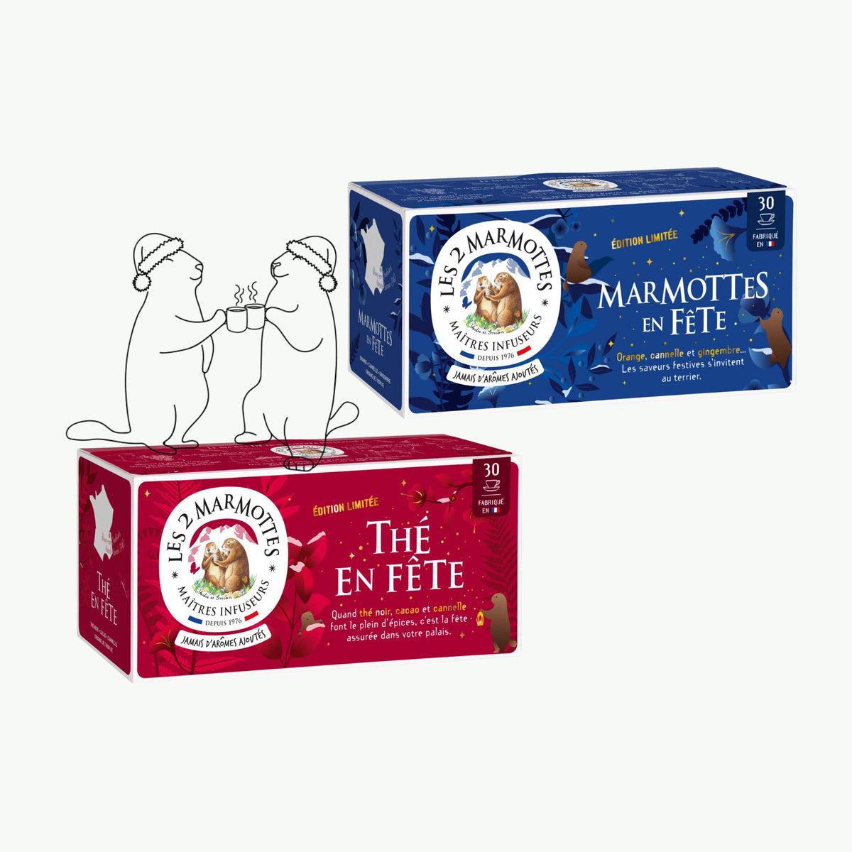 Idée cadeau secret santa pour fan de thé : 1 thé de noel + 1 tisane de noel Les 2 Marmottes. Recettes 100% plantes, sans arômes ajoutés, fabrication française Les 2 Marmottes