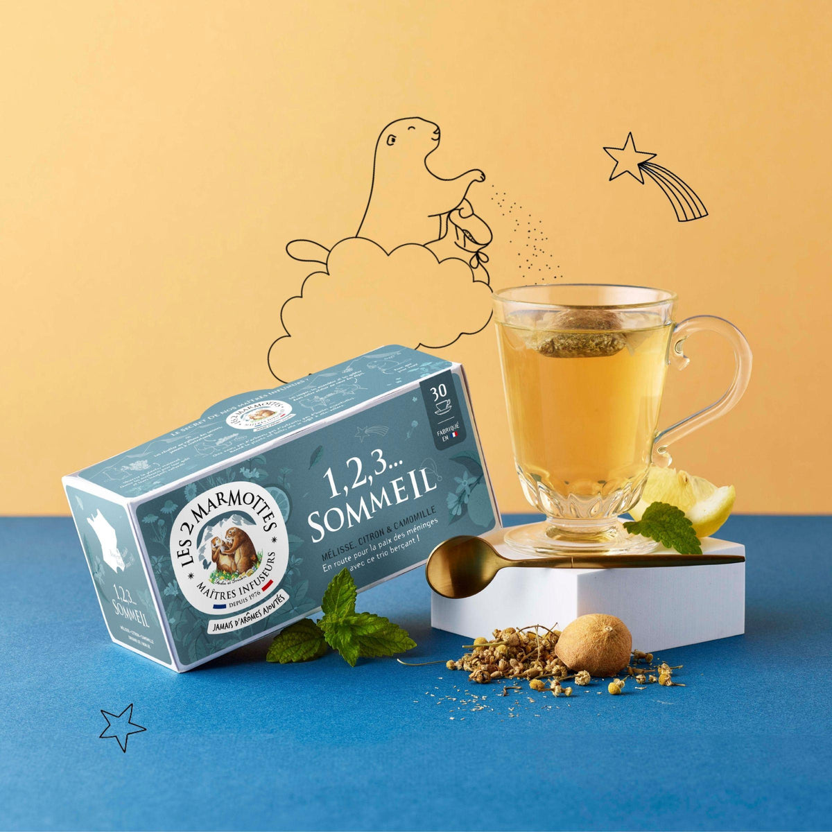 Infusion pour dormir à la mélisse 123 Sommeil. Tisane du soir 100% plantes, sans arômes ajoutés, à boire avant de se coucher. Fabrication française Les 2 Marmottes
