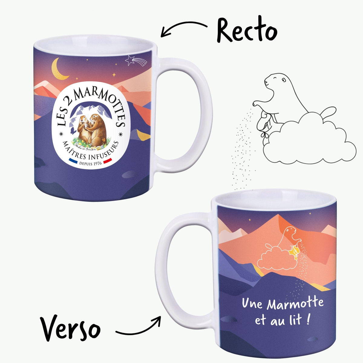 Ce mug bleu foncé illustré de montagnes au crépuscule vous mettra dans l'ambiance de la tisane du soir.