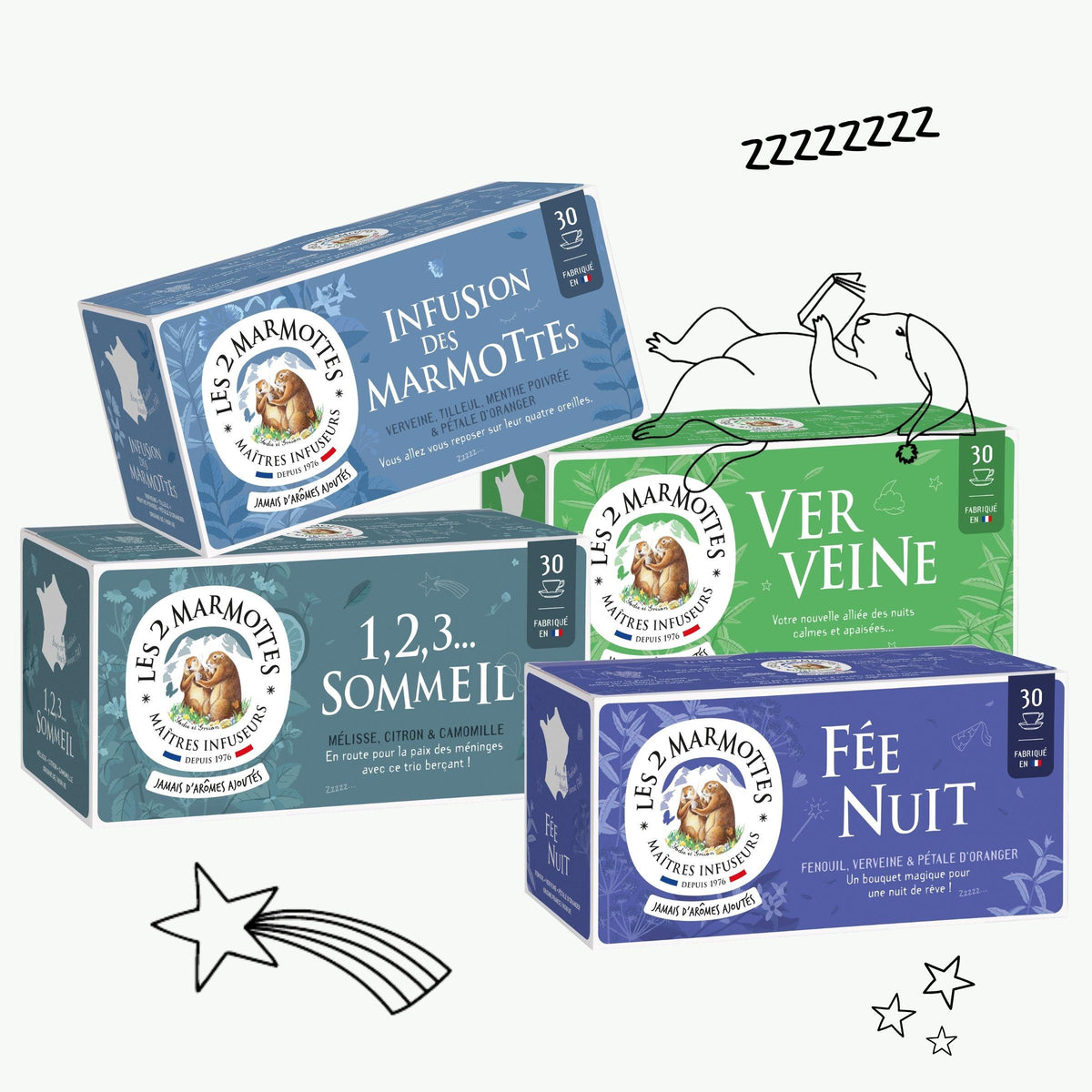 4 tisanes pour dormir à boire le soir avant de se coucher, lot économique 4 tisanes 100% plantes pour dormir