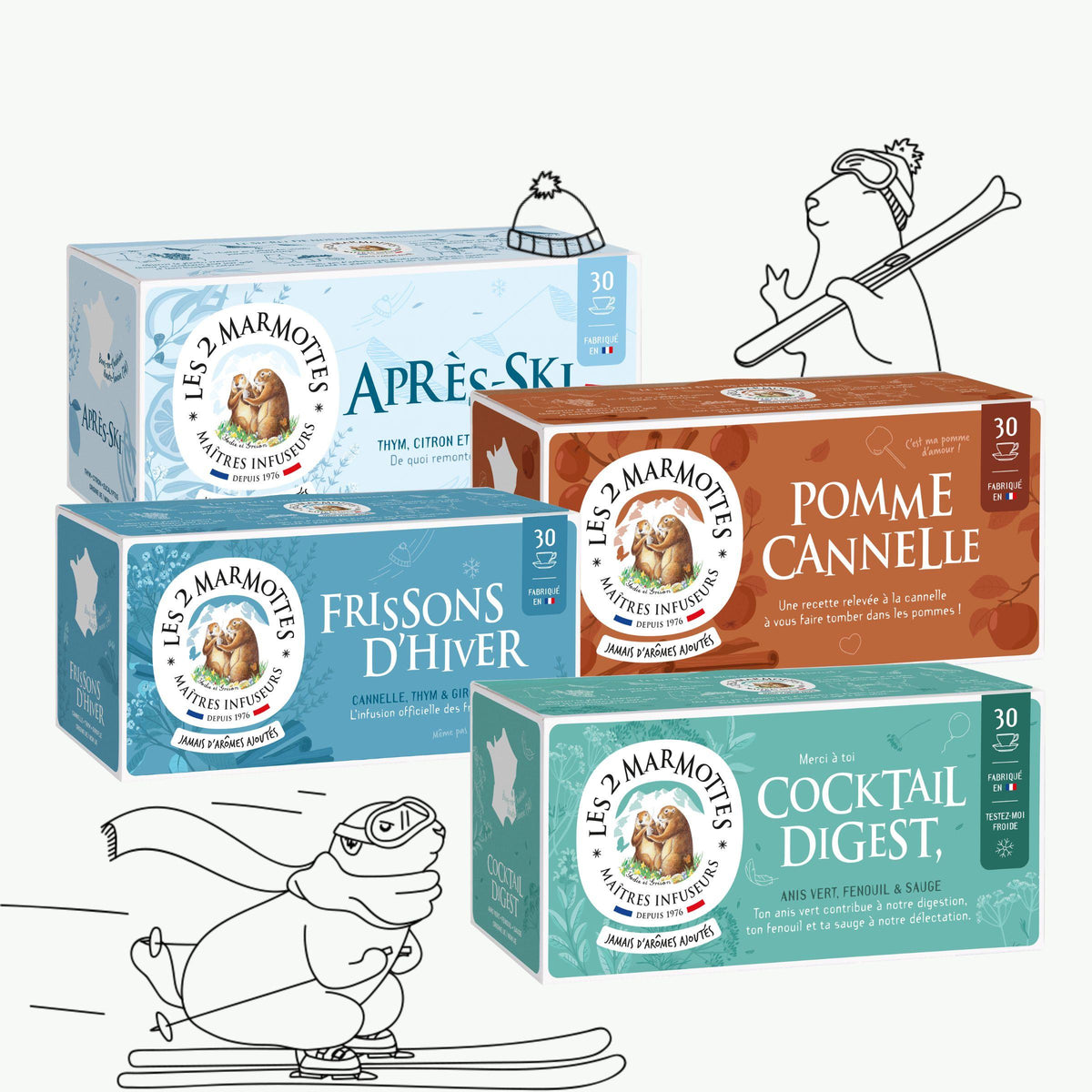 Pack Sports d'Hiver : lot économique de 4 tisanes Les 2 Marmottes pour l'hiver, fabriquées dans les alpes.