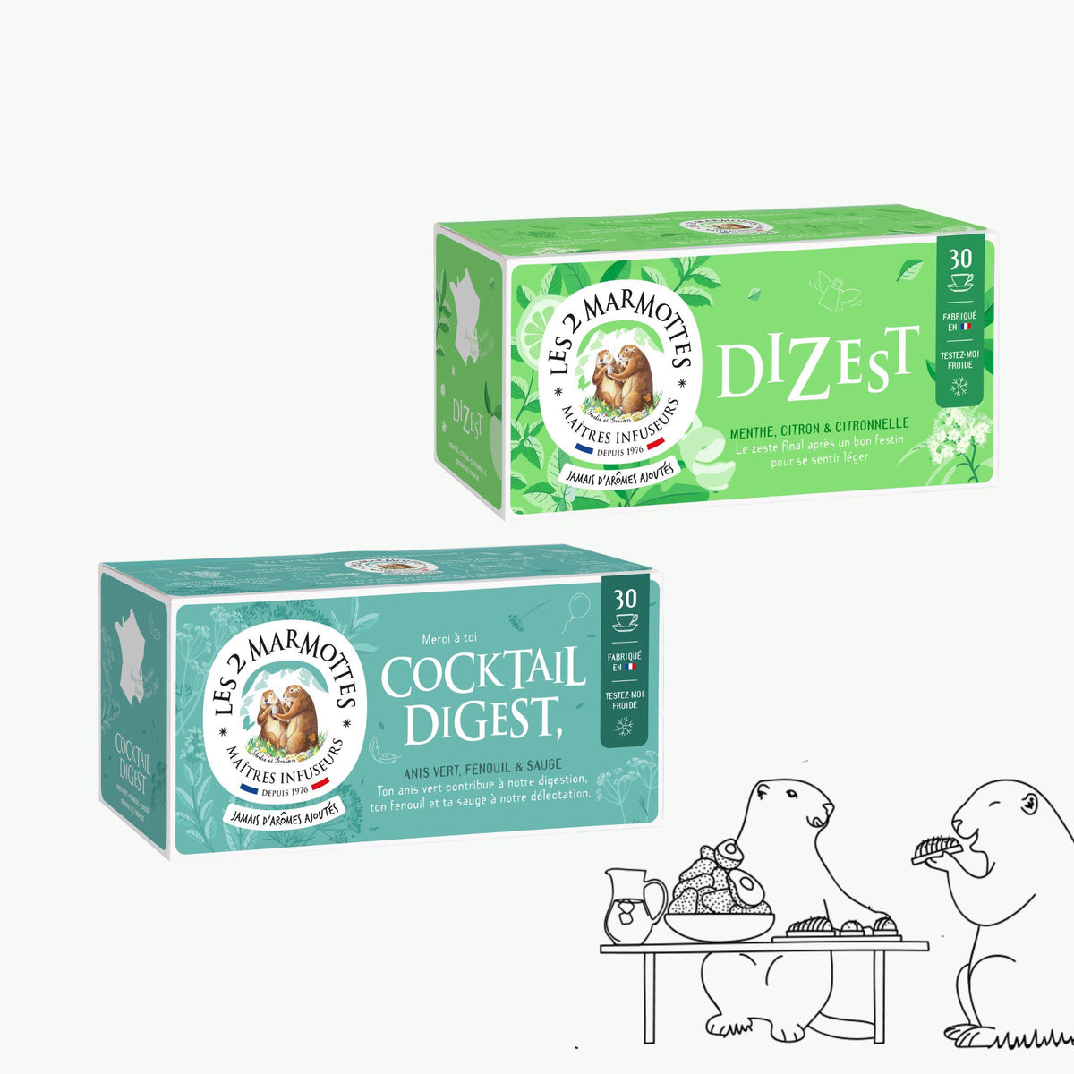 2 tisanes 100% plantes à consommer après le repas pour aider au confort digestif. Duo tisanes fraîcheur Les 2 Marmottes pour se sentir léger après le repas : anis et menthe-citron, sans arômes ajoutés