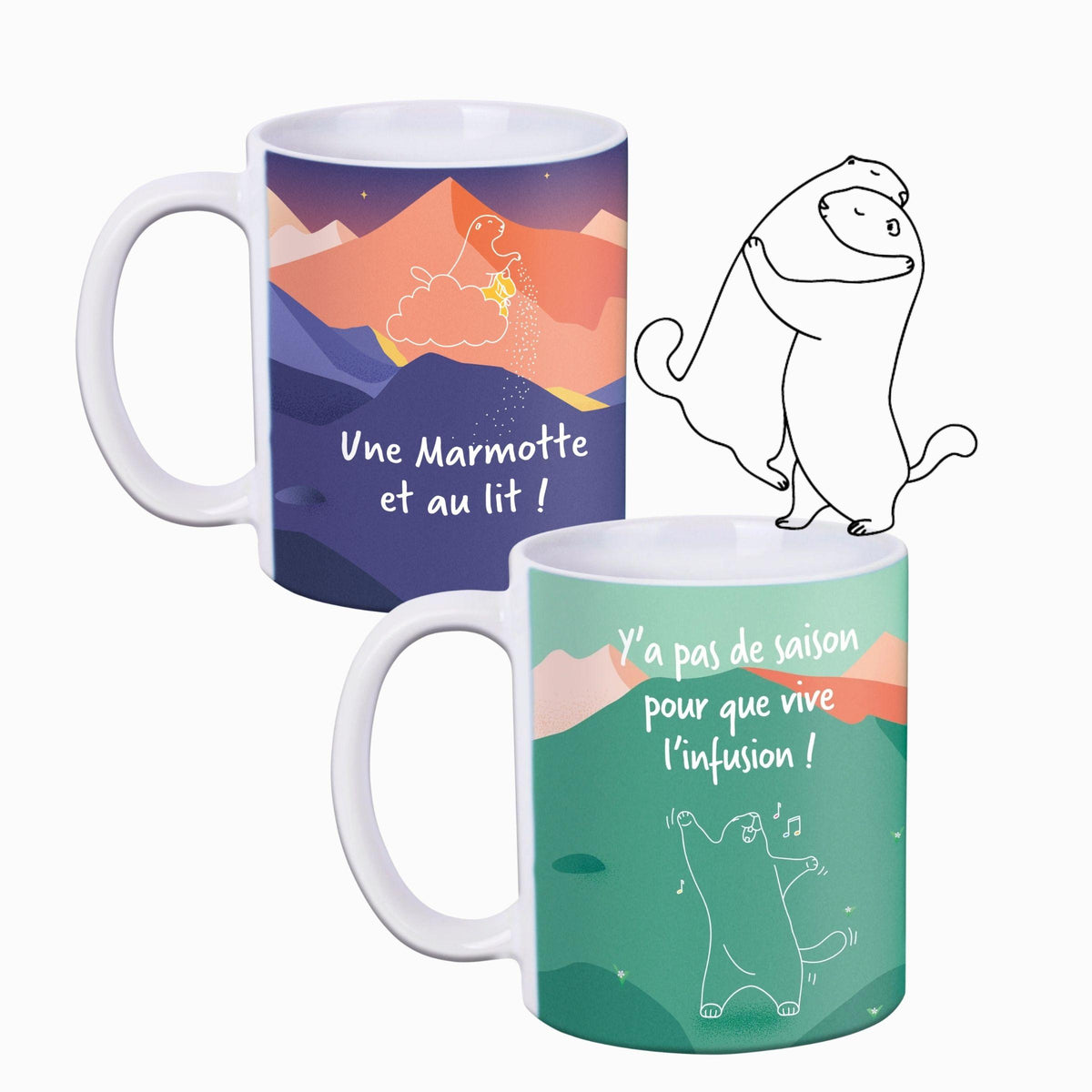 Lot de 2 mugs collector les 2 marmottes, jolies tasses illustrées de montagnes