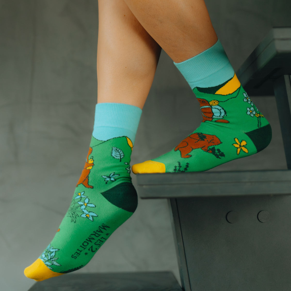 Chaussettes unisexe les 2 marmottes en édition limitée, décor de marmottes à la montagne l'été vert jaune et bleu