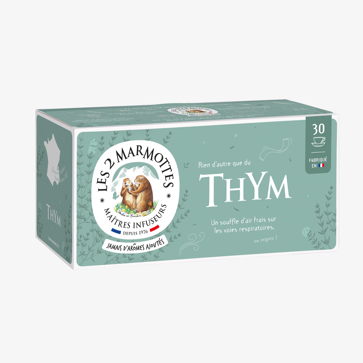 Infusion thym 100% plantes Les 2 Marmottes - Made in France - Sans arômes ajoutés. Mélange 3 thyms, forte saveur végétale, tisane de grand-mère pour l'hiver. A boire nature ou en ajoutant du miel et du citron.