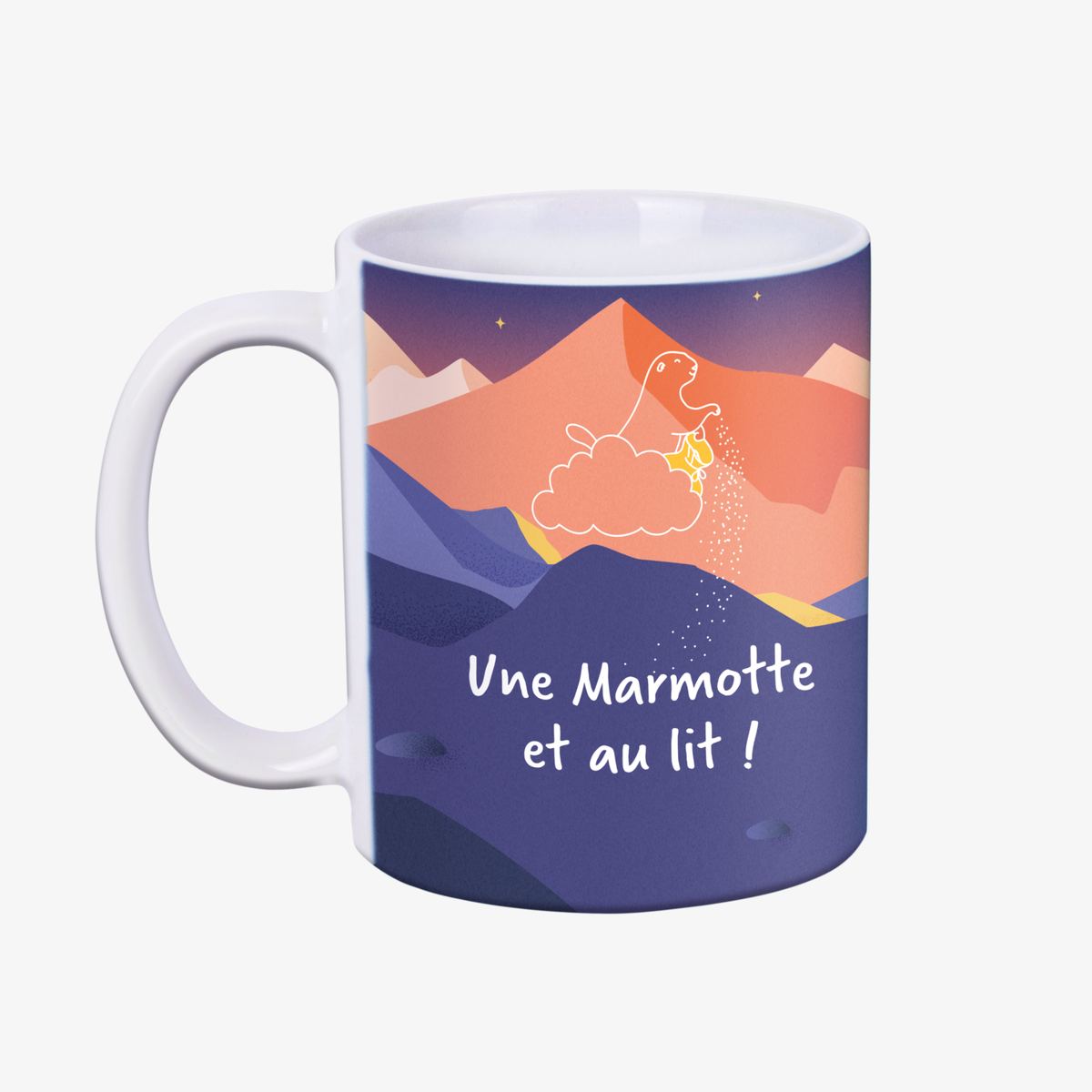 Mug citation une marmotte et au lit, marmotte marchand de sable sur illustration de montagnes au crépuscule