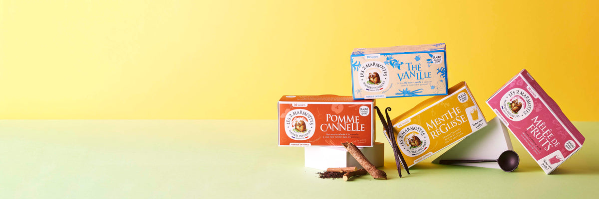 Tisanes gourmandes et thés gourmands pour le goûter ou en idées cadeaux : tisane réglisse, thé vanille, tisane ou thé fruits rouges...au vrai goût des plantes et des fruits.