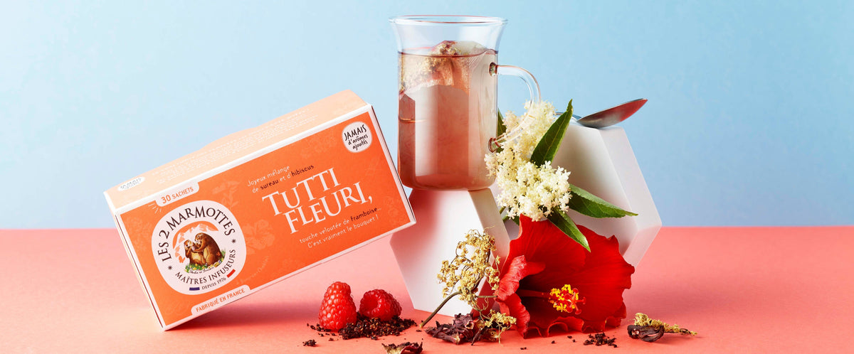 Tisane hibiscus sureau framboise, tutti fleuri les 2 marmottes