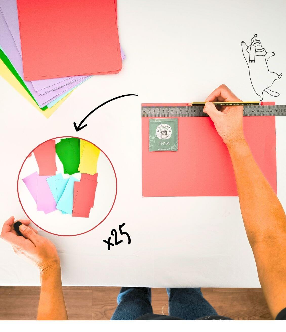 Tuto calendrier avent réutilisable : des feuilles de papier colorées pour les pochettes qui accueilleront le thé du jour