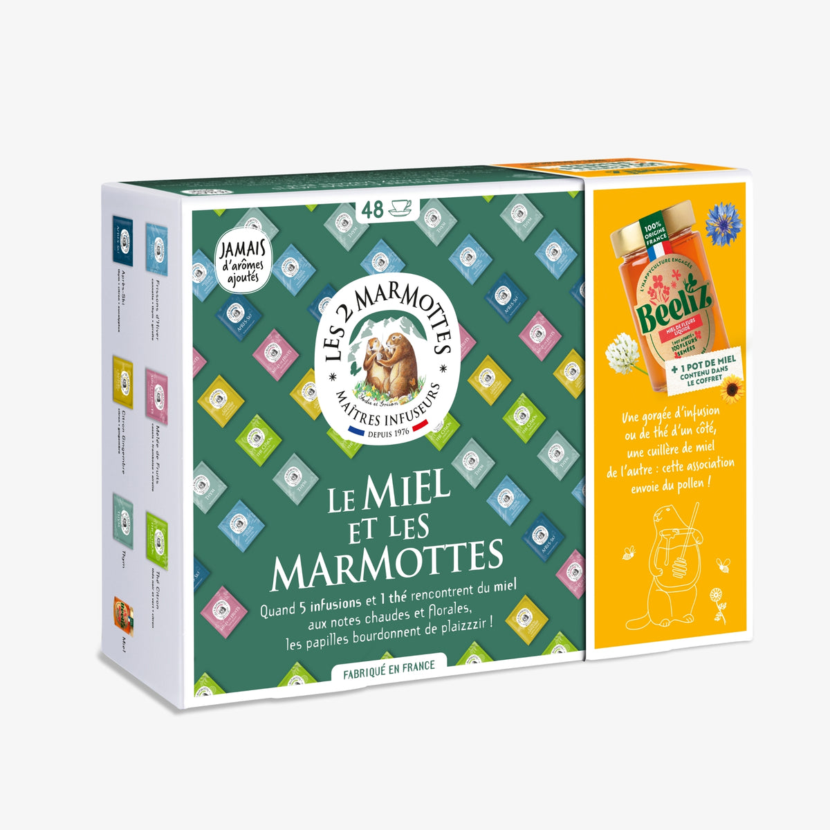 Coffret cadeau : miel et tisanes de thym pour les maux de gorge. Tisanes naturelles Les 2 Marmottes, miel de fleurs origine France