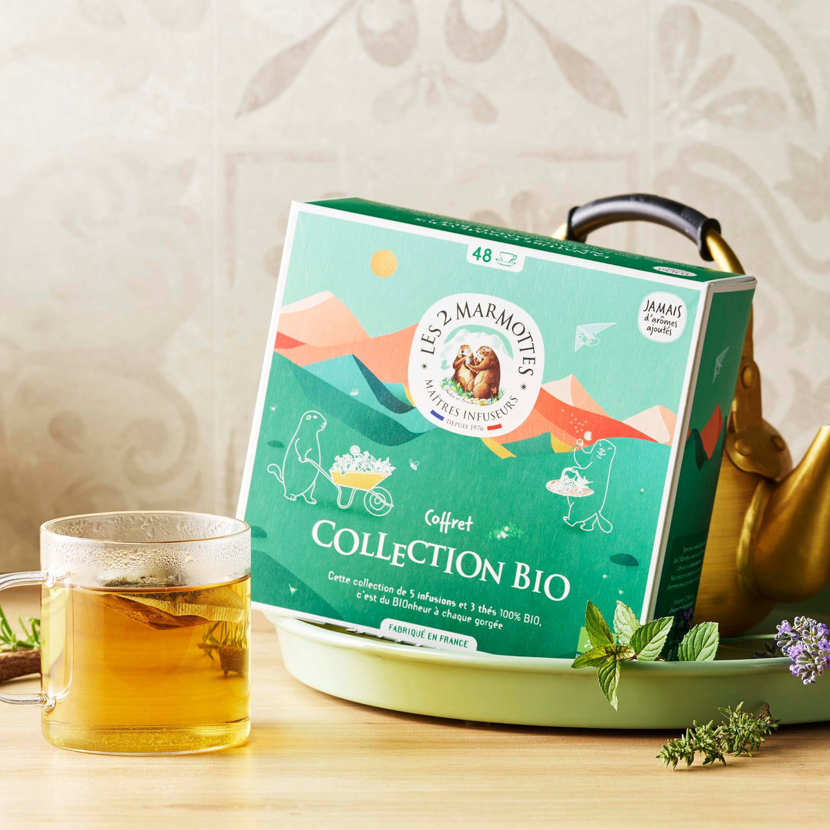 Coffret Cadeau Thés et Tisanes Bio les  marmottes, 8 parfums différents, composition naturelle sans arômes ajoutés, made in france