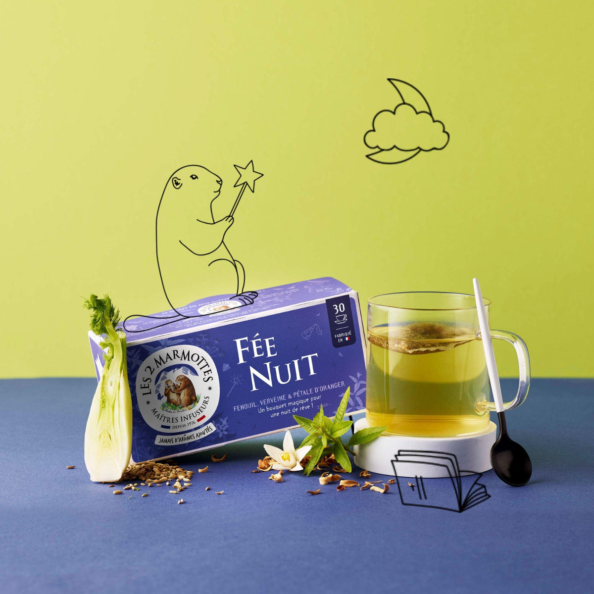 tisane du soir Fée Nuit fenouil verveine pétales d'oranger camomille Les 2 Marmottes - Made in France - Sans arômes ajoutés