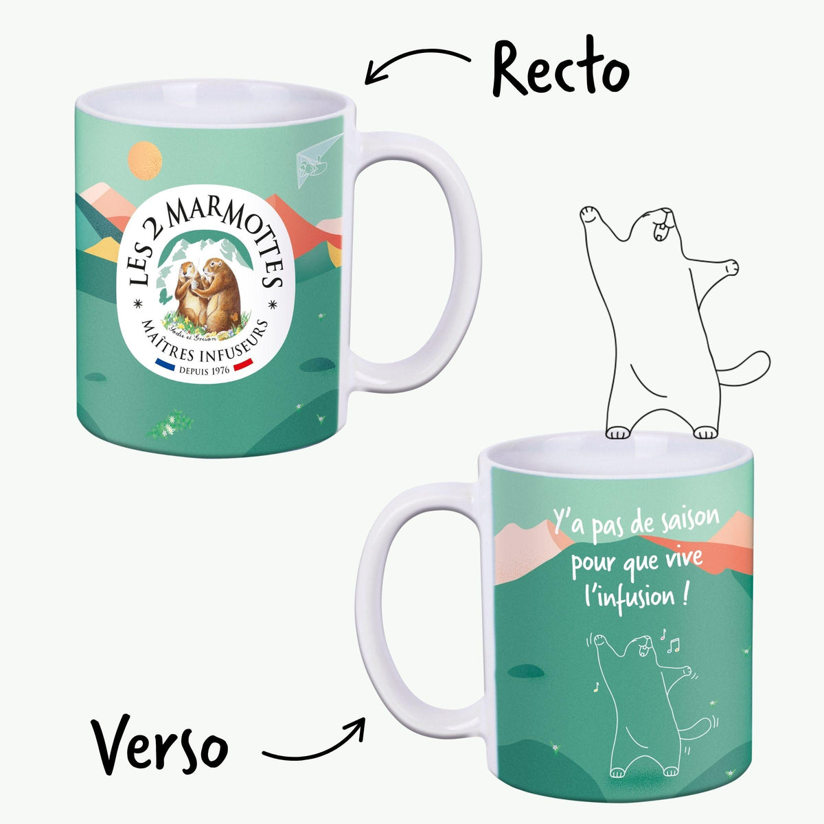 Mug vert les 2 marmottes, tasse à thé colorée