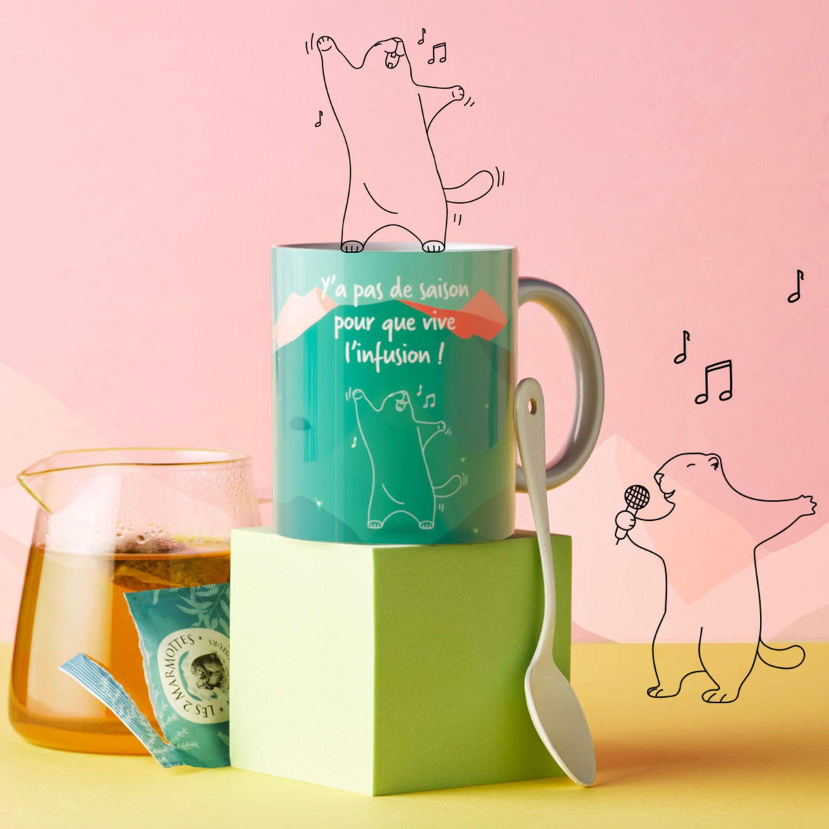 Mug vert les 2 marmottes orné d'une citation rigolote pour infuser la bonne humeur
