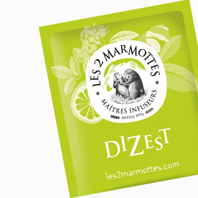 Sachet de Tisane menthe citron citronnelle pour après-repas, infusion Dizest Les  Marmottes, tisane naturelle pour confort digestif après déjeuner ou dîner, vraies plantes sans aucun arôme ajouté, saveur authentique, se boit chaude ou froide par fortes chaleurs