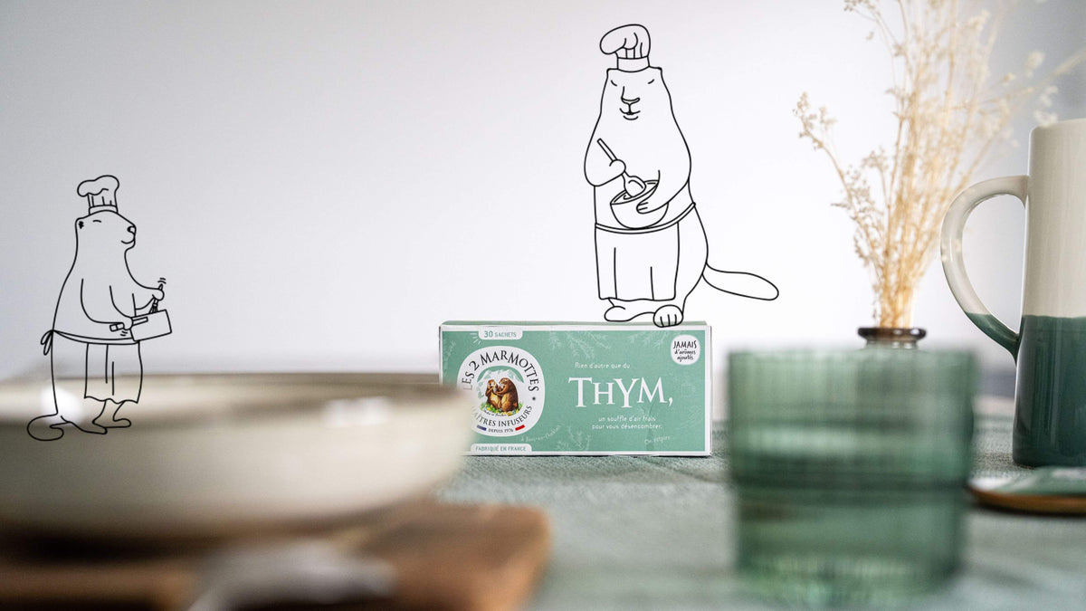 Tisane de thym les 2 marmottes, infusion de thym pur à consommer toute l'année pour apaiser les voies respiratoires.