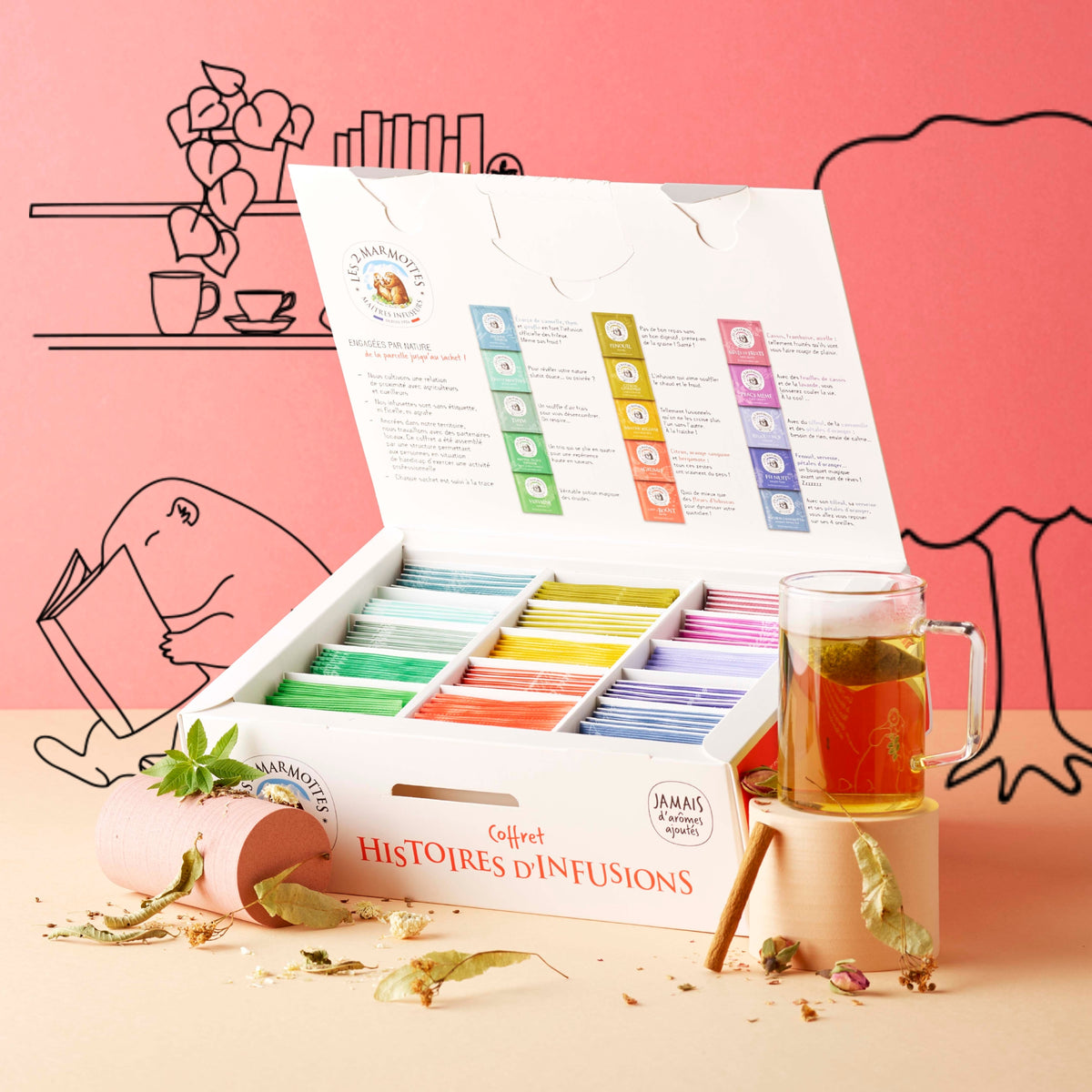 Ce grand coffret de tisanes contient 75 sachets en tout, pour 15 infusions différentes. Tisanes locales fabriquées en France.